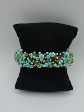 Turquoise Chips and Iridescent  Beads Woven Bracelet 8"